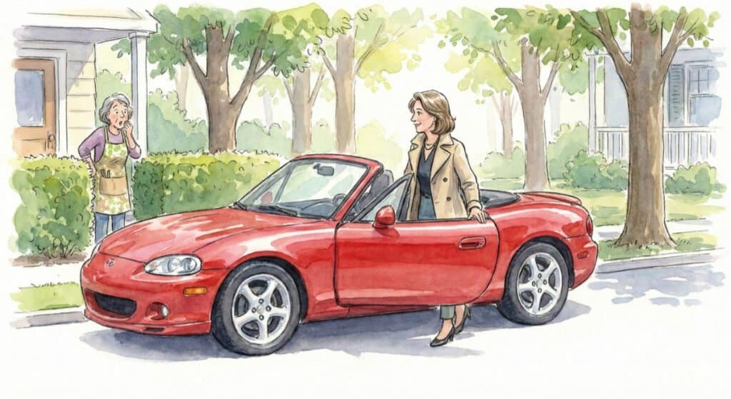 Watercolor of a middle-aged woman looking financially comfortable getting out of a shiny new sports car, while a surprised, curious neighbour looks on.