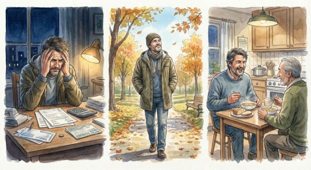 A sequence of 3 watercolor images: Financial Stress at home Vs walking outside in nature, and eating with family.