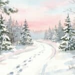 A watercolor painting of a snowy, winding path through a quiet forest. There are footprints leading away from the viewer, like small steps disappearing around a gentle bend.