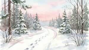 A watercolor painting of a snowy, winding path through a quiet forest. There are footprints leading away from the viewer, like small steps disappearing around a gentle bend.