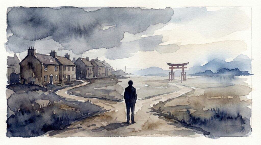 Watercolor illustration of a person at a crossroads, symbolizing the choice of living abroad vs returning home to the UK.