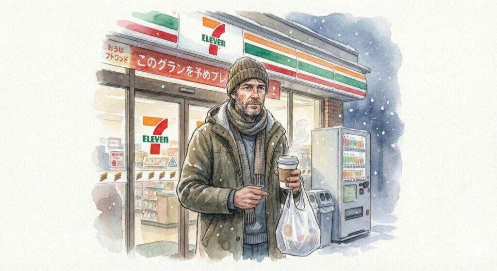 Watercolor of casually-dressed middle-aged British guy leaving 7-Eleven with coffee and small bag of groceries.