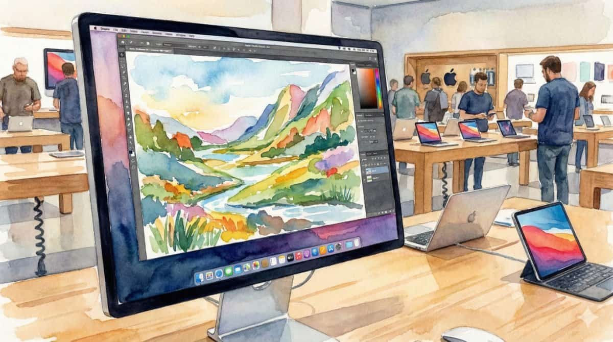 Watercolor of Apple Mac display in Apple Store. Can we be too loyal?