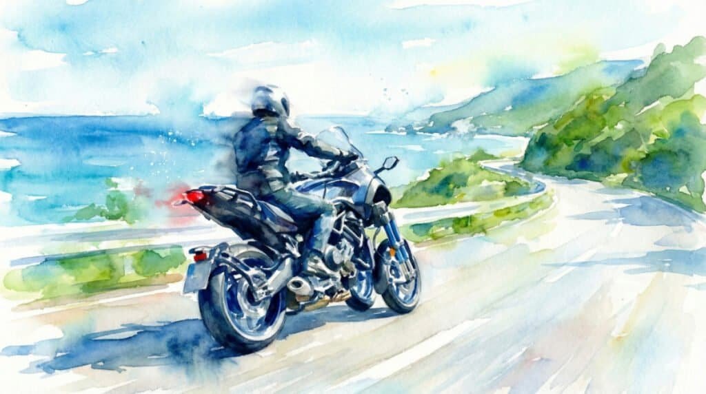 Impressionistic watercolor of a Yamaha Niken GT on a coastal road, representing freedom and new chapters abroad.