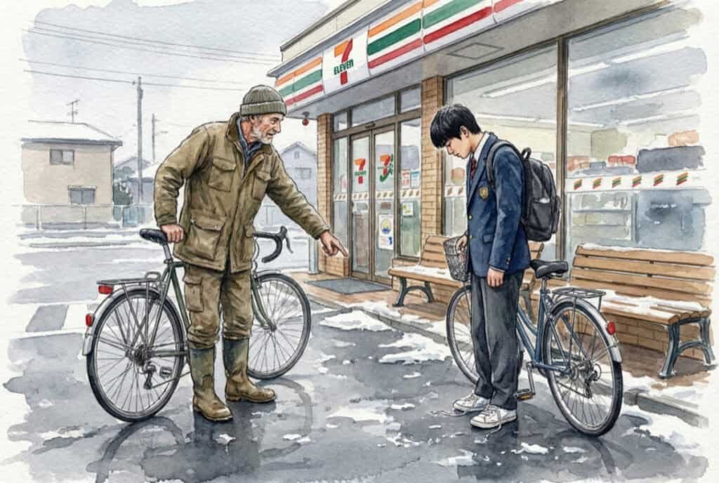 Watercolor illustration of an older man gesturing to a younger cyclist about untied shoelaces outside a Japanese convenience store. Small acts of kindness make a difference.