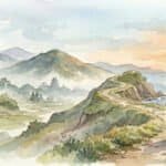 Watercolor of a lone ronin walking along a Japanese coastline path, carrying a simple pack and searching for a new mission.