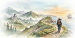 Watercolor of a lone ronin walking along a Japanese coastline path, carrying a simple pack and searching for a new mission.