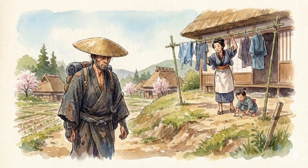 Watercolor of a ronin walking through a village and being watched by a curious woman with her child.