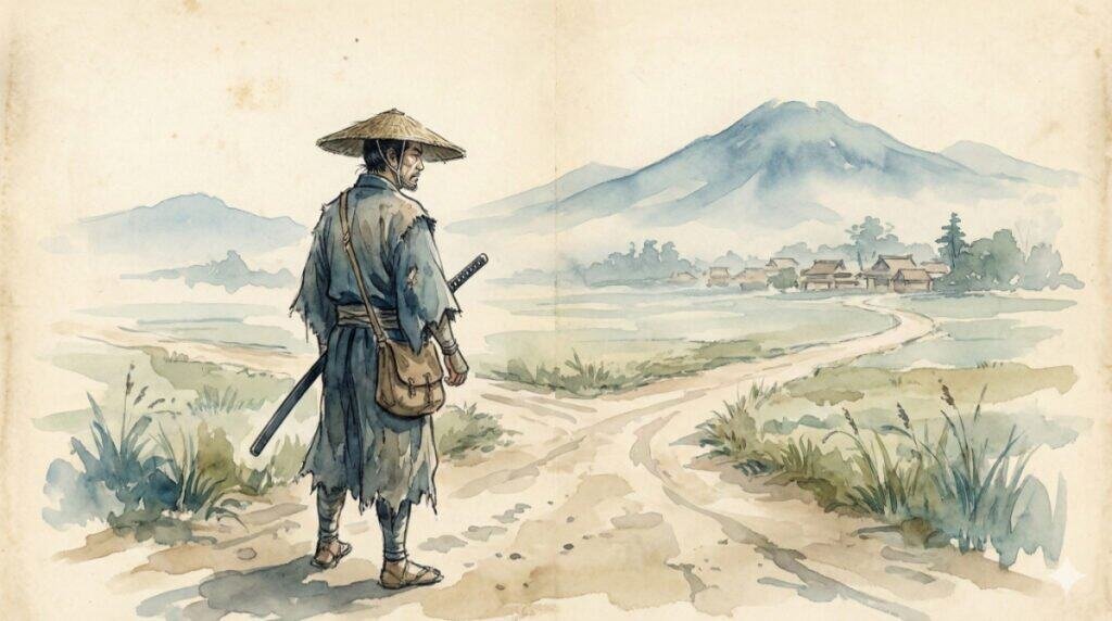 Watercolor of a lone ronin in search of a new mission surveying a nearby village.