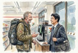 Watercolor of middle-aged British and Japanese guys making small talk by the coffee machine inside 7-Eleven.