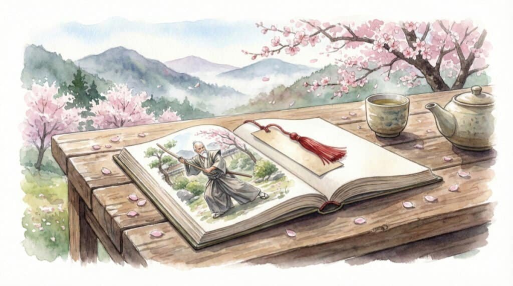 Watercolor of an open book on a wooden table in the Japanese countryside. An illustration of an old Samurai is on one page, and a bookmark rests on the next page which is empty - signifying an unknown path.