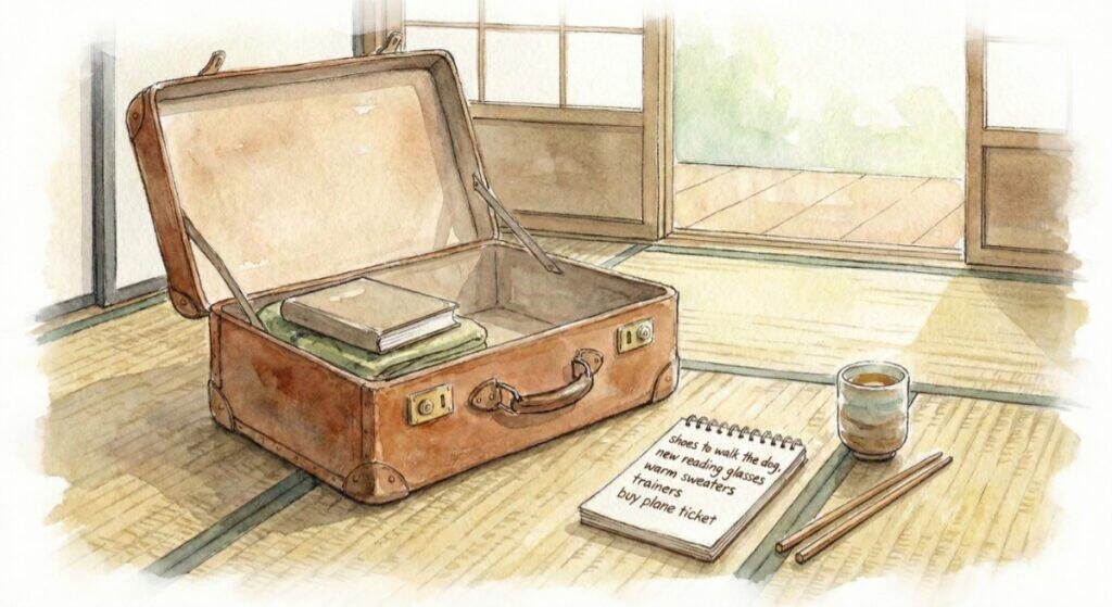 Watercolor of a half-empty suitcase in a traditional Japanese room. A notepad shows a shopping list of requirements before the traveling can begin.