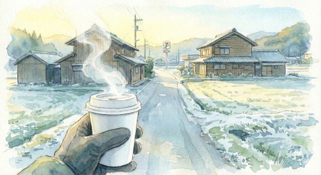 A watercolor painting from a first-person perspective holding a coffee cup, looking down a quiet rural Japanese street toward a distant convenience store during a relaxing walk.