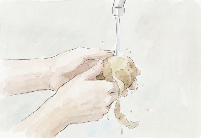 A minimalist watercolor of a pair of hands gently peeling a potato under a trickle of water from a faucet. Small steps. No resolutions required.