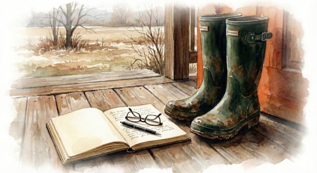 A watercolor painting of muddy farm boots sitting next to an open journal on a wooden porch, symbolizing the balance between physical labor and creative thought.