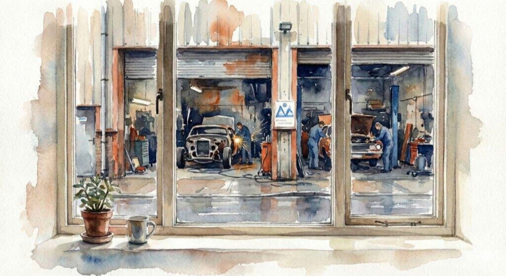 A watercolor illustration looking from a quiet window toward a busy car repair shop across the street, contrasting stillness with constant work.