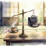 A watercolor illustration set in a Japanese tatami room, showing an antique balance scale. A steaming coffee cup and cherry blossom branch weigh down one side, tipping the scale lower than a leather briefcase and heavy planner on the other side, symbolizing the value of rest over work obligations.