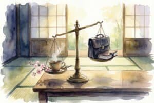 A watercolor illustration set in a Japanese tatami room, showing an antique balance scale. A steaming coffee cup and cherry blossom branch weigh down one side, tipping the scale lower than a leather briefcase and heavy planner on the other side, symbolizing the value of rest over work obligations.