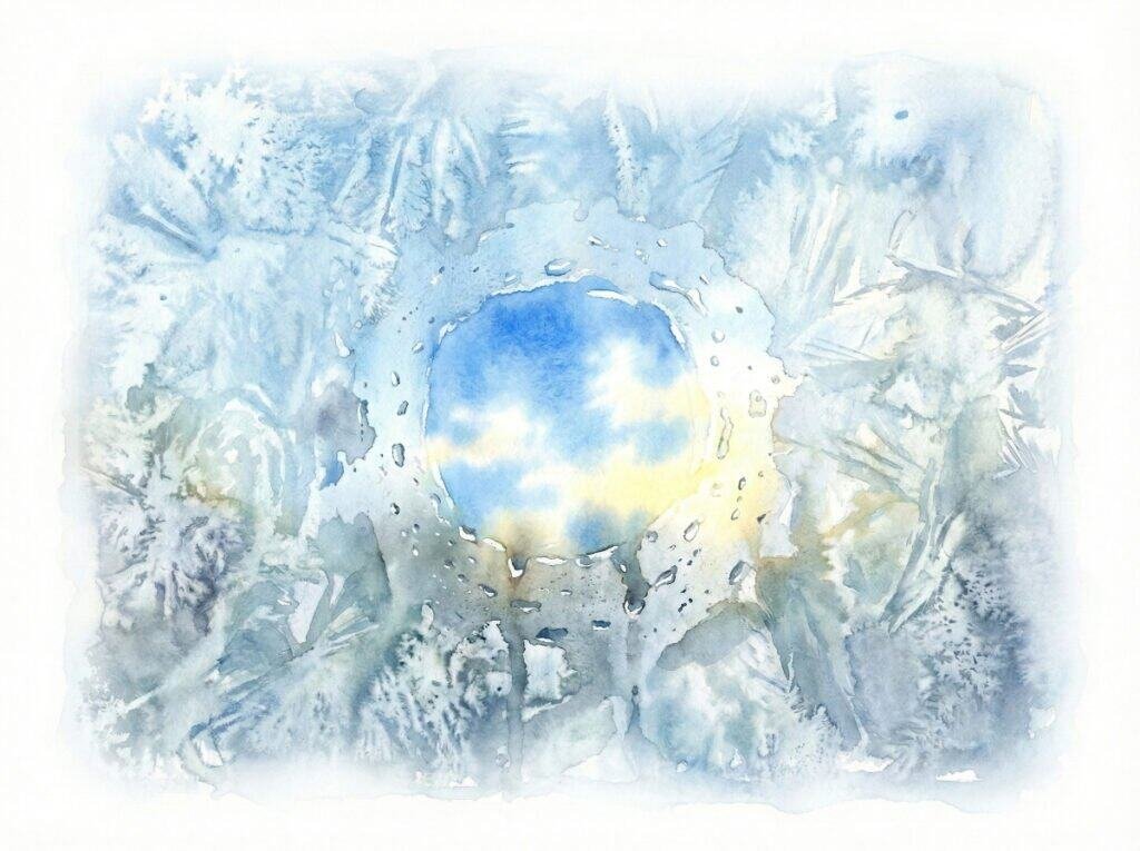 A window pane covered in frost. In the center, a small circle has been wiped clear, revealing a blurry but bright patch of blue sky outside.