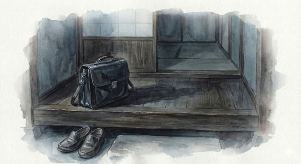 A watercolor illustration of a lone work briefcase sitting in a Japanese entryway, casting a long shadow, symbolizing the mental weight of impending work.