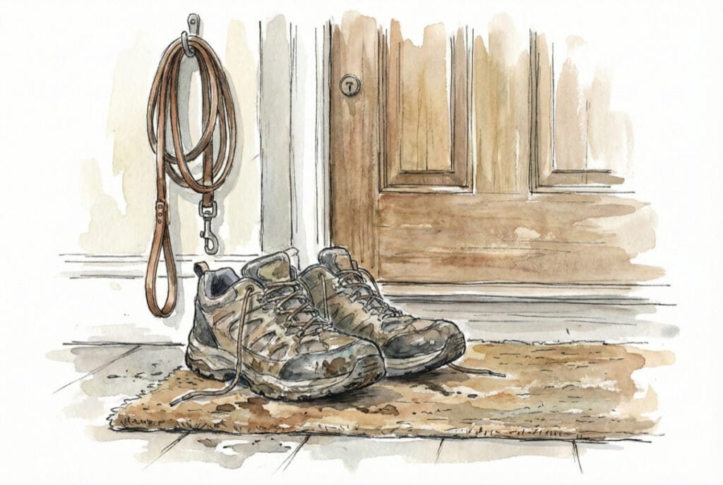 Watercolor illustration of a pair of comfortable, well-worn walking shoes resting by a front door, with a dog leash hanging on a nearby hook.