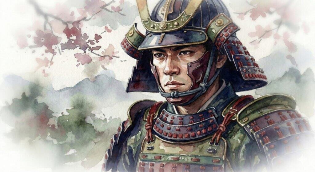 Watercolor close-up of a young Samurai in traditional armor.