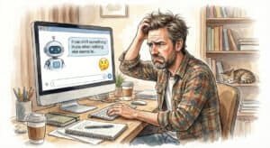 Watercolor of a middle-aged male blogger using AI on computer but somewhat disillusioned with writing style.