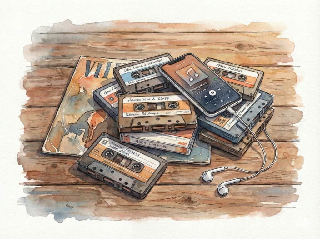 Watercolor of a wooden surface, with a messy stack of retro 1980s cassette tapes, a vinyl record sleeve, and a modern smartphone resting on top with a pair of white wired earbuds. Whatever your age, try music for when nothing else works.