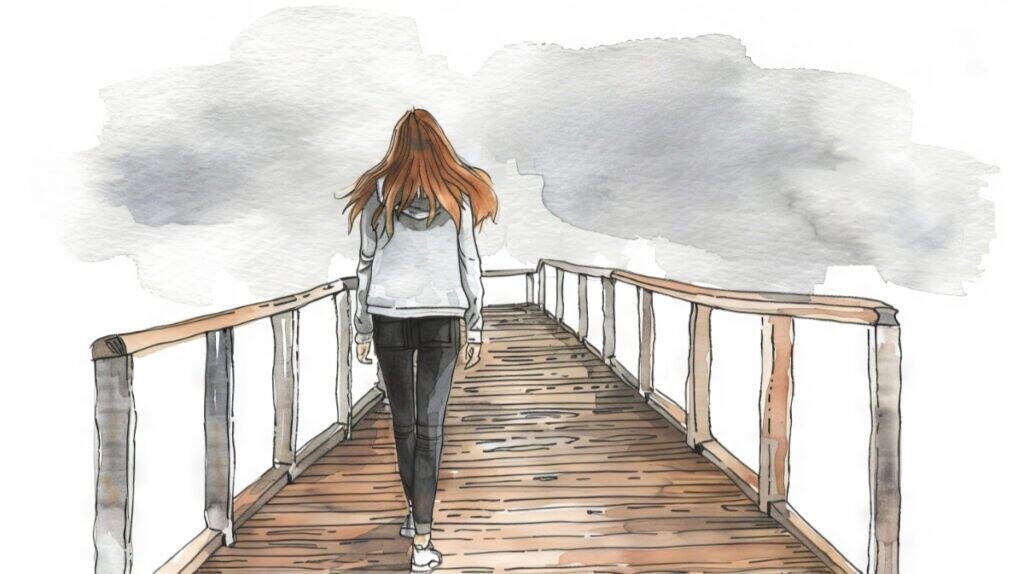 Watercolor illustration of a woman walking away on a wooden bridge under a cloudy sky, conveying moving forward despite high functioning depression.