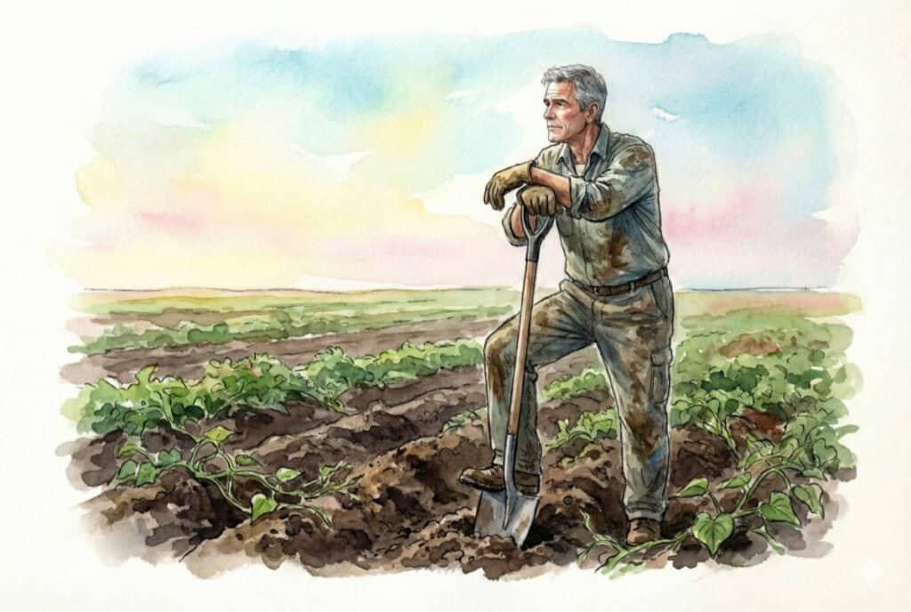 Watercolor of a middle-aged man with grey hair, dressed in soiled work clothes, pausing in a sweet potato field. He is leaning heavily on a shovel, physically present in the dark, turned soil, but his gaze is distant, looking far off toward the horizon with a thoughtful, distracted expression.