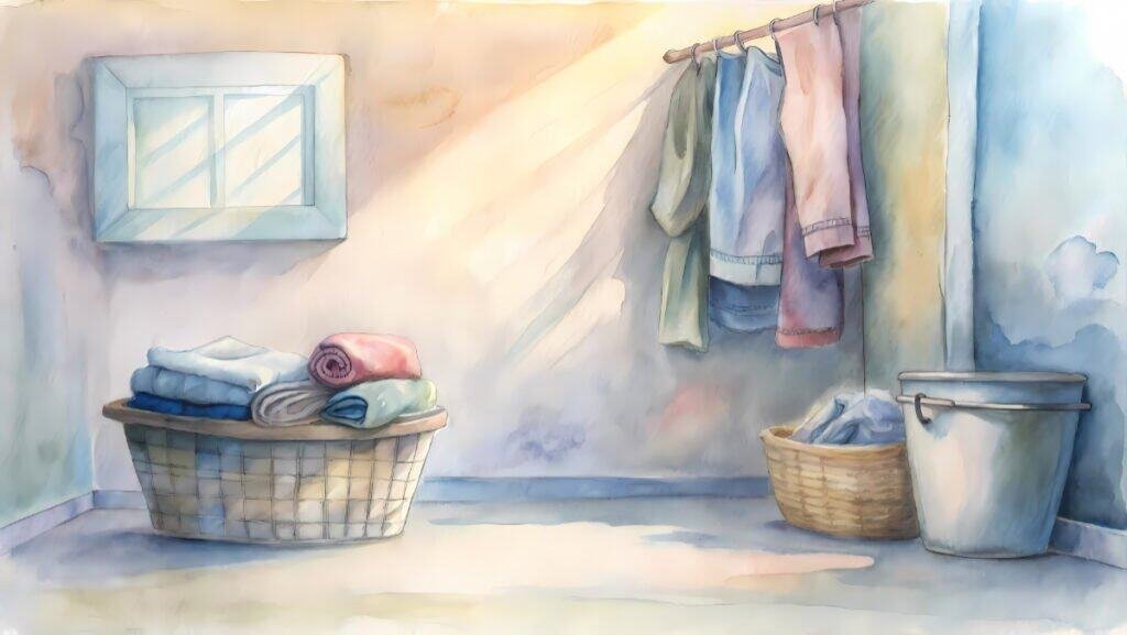 Watercolor of a simple organized space with folded laundry.