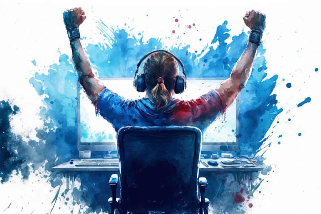 Watercolor of a gamer celebrating victory from winning an eSports game.