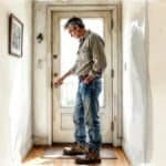 Watercolor of middle-aged man in his late 50s with grey hair, standing inside his front hallway dressed in casual work clothes and about to leave for the day, one hand resting on the doorknob. Showing signs of high functioning depression with eyes cast down, he is composing himself before stepping outside.