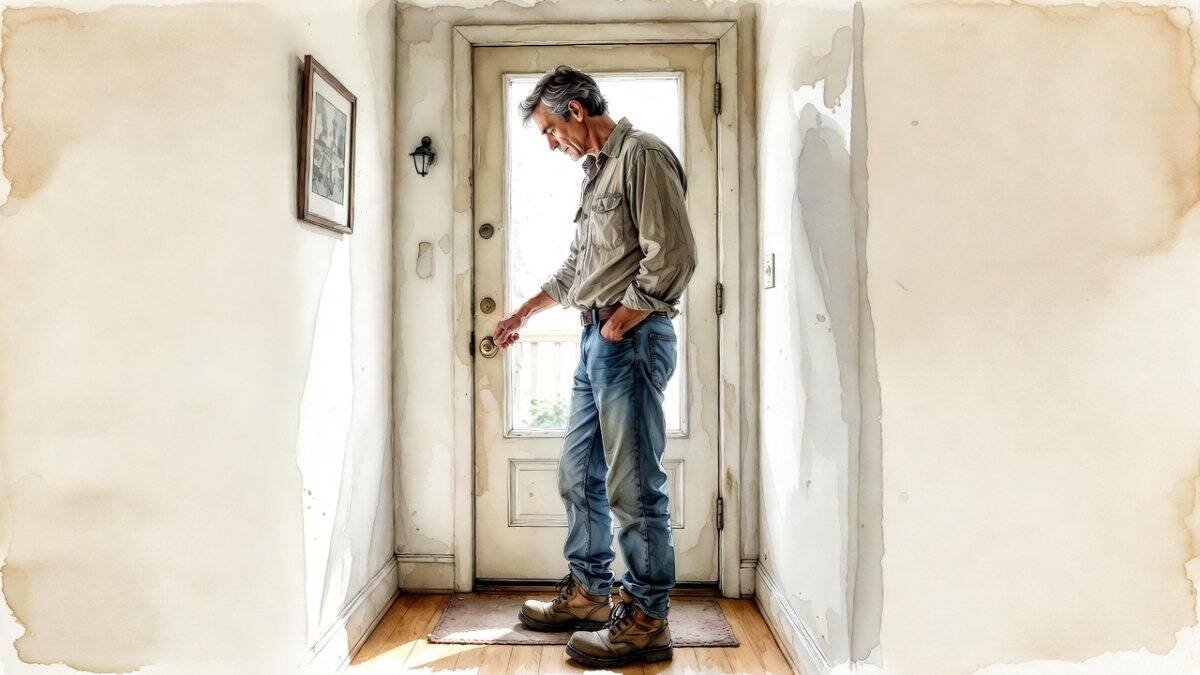 Watercolor of middle-aged man in his late 50s with grey hair, standing inside his front hallway dressed in casual work clothes and about to leave for the day, one hand resting on the doorknob. Showing signs of high functioning depression with eyes cast down, he is composing himself before stepping outside.