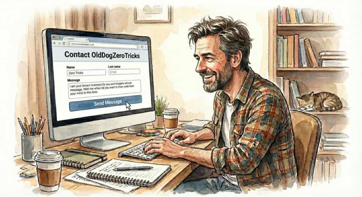 Watercolor of an excited middle-aged guy filling out an online form to Contact OldDogZeroTricks.