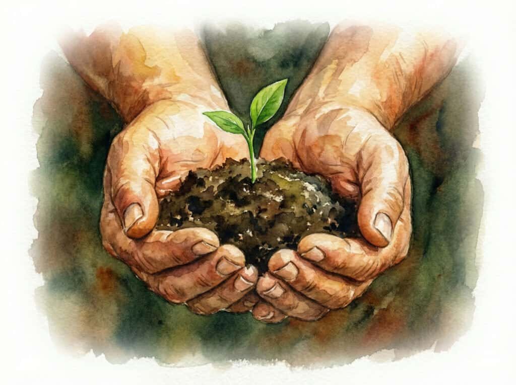 Watercolor of middle-aged hands cupping soil and a seedling. Rewards in nature take time, hence the modern struggle with using AI.