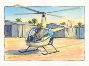 Watercolor of a young pilot about to lift off near aircraft hangars in an R22 helicopter.