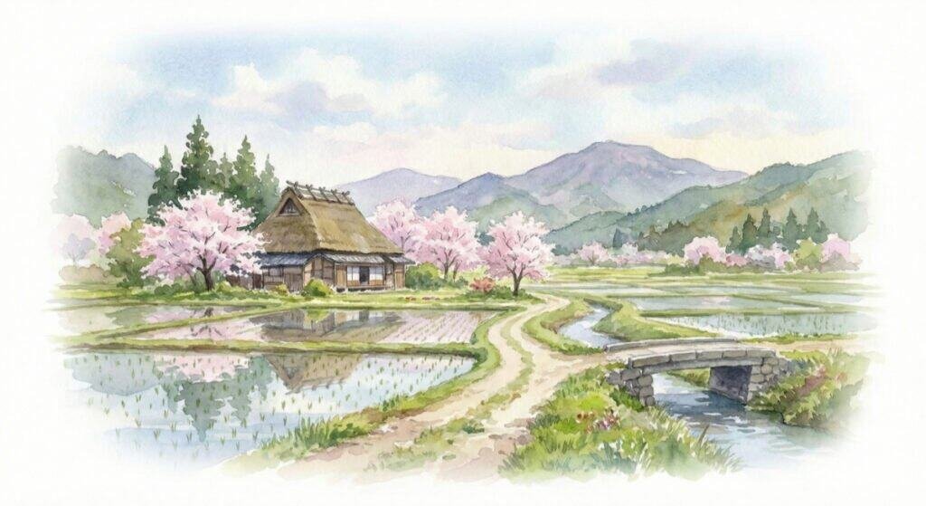 Watercolor of a Japanese countryside scene including farm home, rice fields, cherry blossom trees, and mountains in the background.