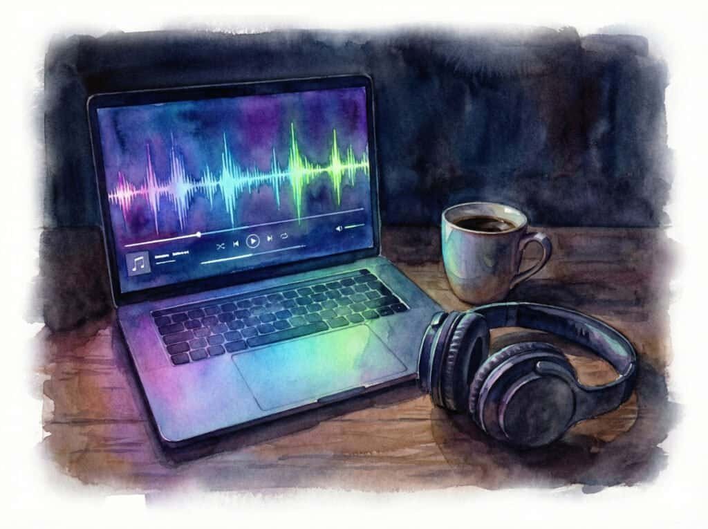Watercolor view of a home work desk in low light. A laptop screen glows with neon colors, showing a music player interface and sound waves. Next to the laptop is a cup of coffee and a pair of headphones.