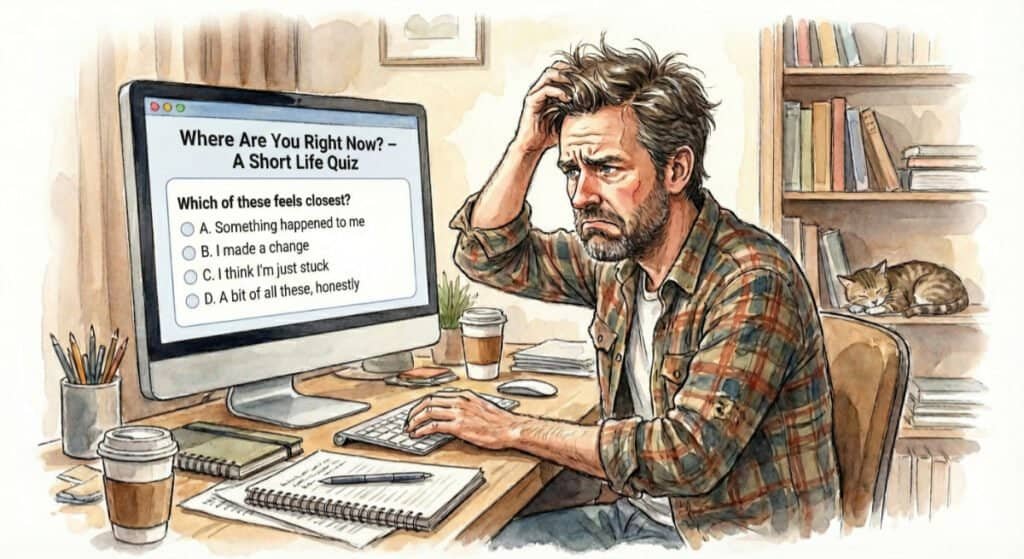 Watercolor of a disillusioned middle-aged guy taking an online quiz titled Where Are You right Now - A Short Life Quiz