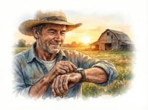 Watercolor of an older male farmer checking his watch to go home at the end of the day.