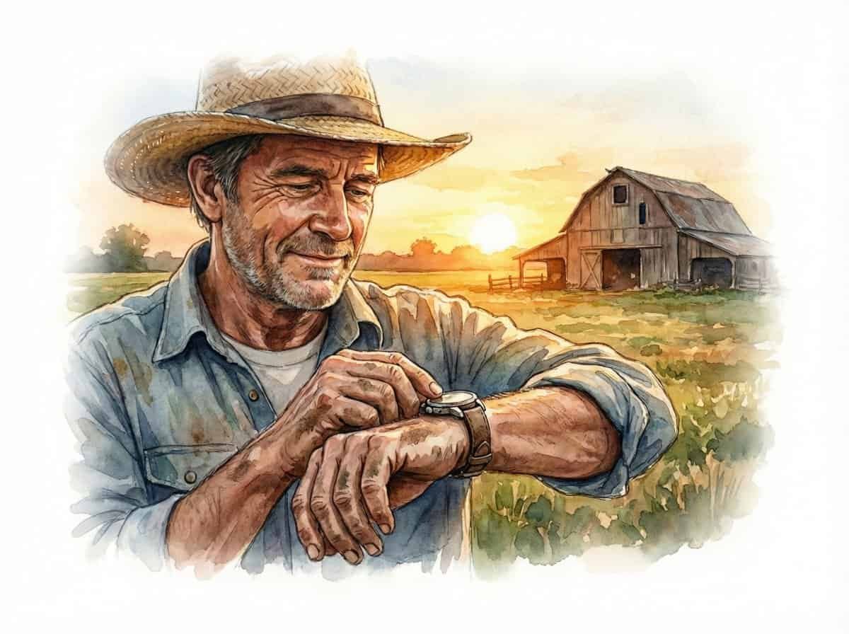 Watercolor of an older male farmer checking his watch to go home at the end of the day.