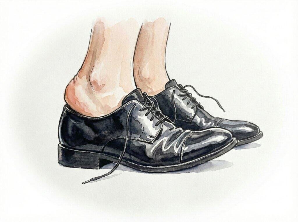 A watercolor illustration of a pair of feet trying to squeeze into dress shoes that are clearly too small. Symbolizing chasing what doesn't fit.