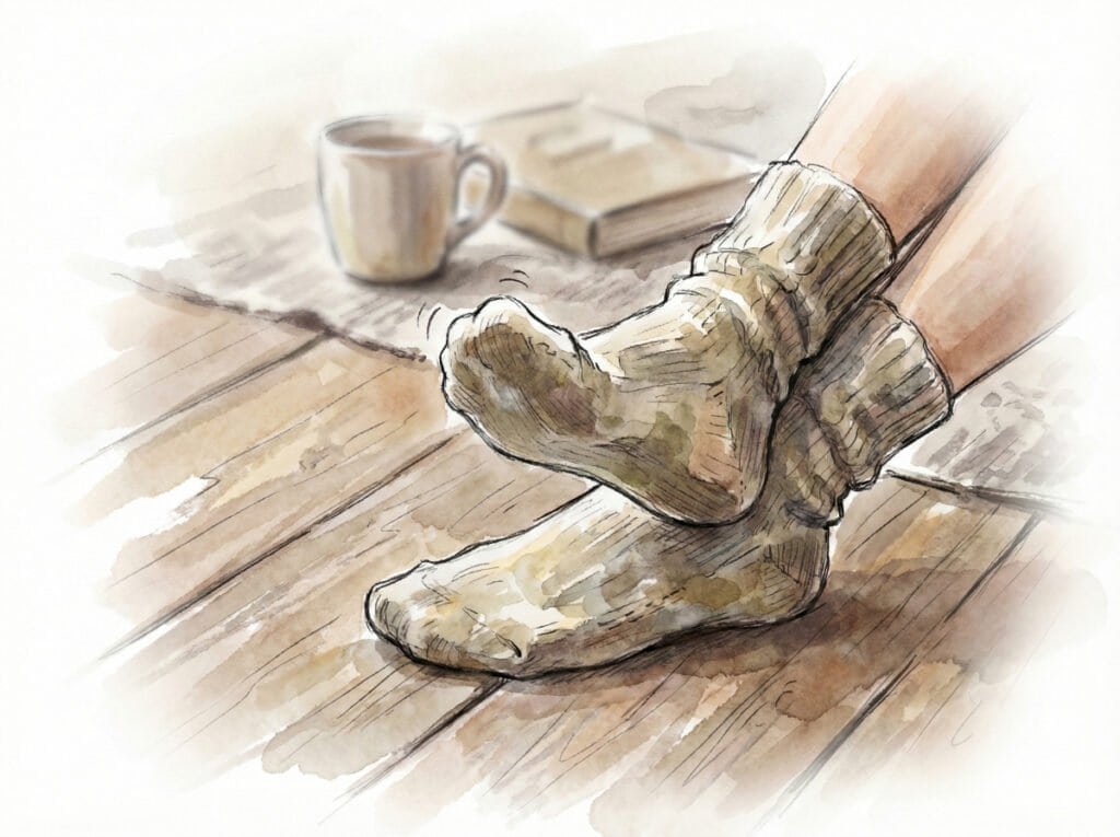 Watercolor sketch of a pair of feet wearing comfortable house socks resting on a floorboard. One foot is slightly lifted and tapping to a beat, capturing a private moment of enjoying a rhythm.