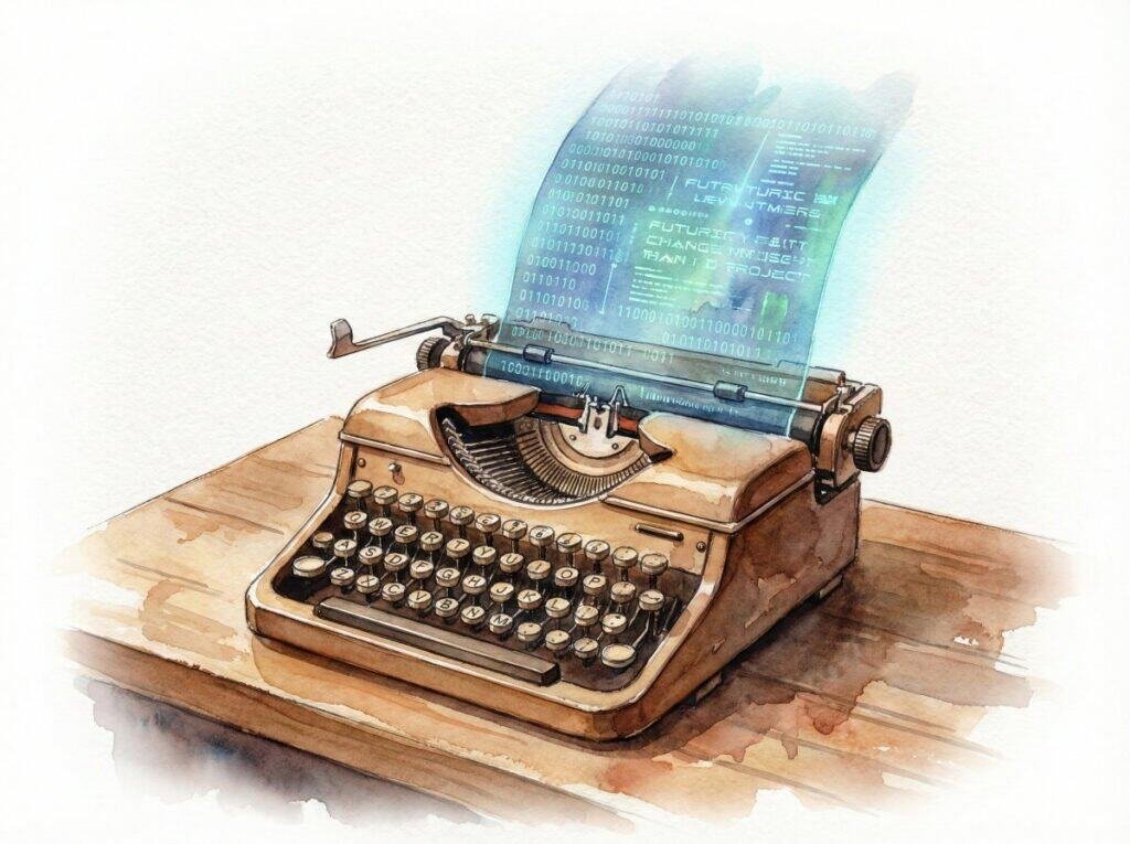 Watercolor of a classic, vintage mechanical typewriter with a sheet of glowing, futuristic digital code rolling out of the carriage. Old school meets new school.