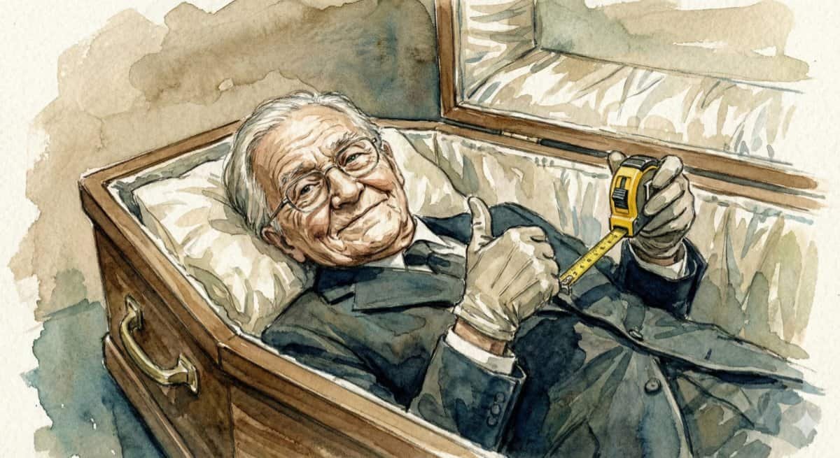 Watercolor of an old undertaker lying in a coffin to test it has enough space.