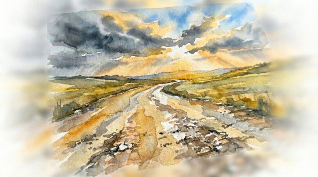 Watercolor of a winding country road stretching toward a distant horizon. The road is uneven, with some rocky parts and some smooth parts.