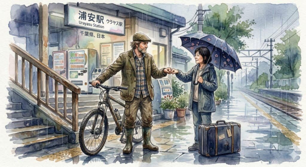 Watercolor of OldDogZeroTricks and his Japanese wife saying goodbye at the station with a fist bump in the rain, after 20 years together in Japan. It’s Okay to Be Broken (Sometimes That’s When Love Looks Most Real)