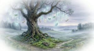 Watercolor ancient, gnarled oak tree standing alone in a misty landscape. From the lower branches, several translucent watercolor scrolls and open notebook pages hang like leaves. On the mossy base of the tree is the tiny leather-bound notebook left alone on a diverging dirt path.