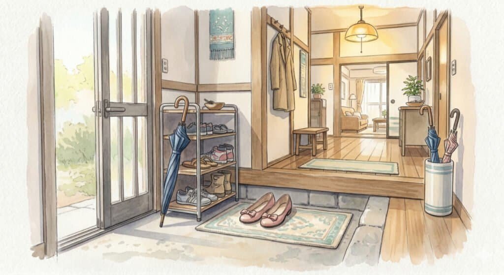Watercolor of inside an apartment entranceway with an open front door and ladies shoes on the mat with an umbrella nearby.